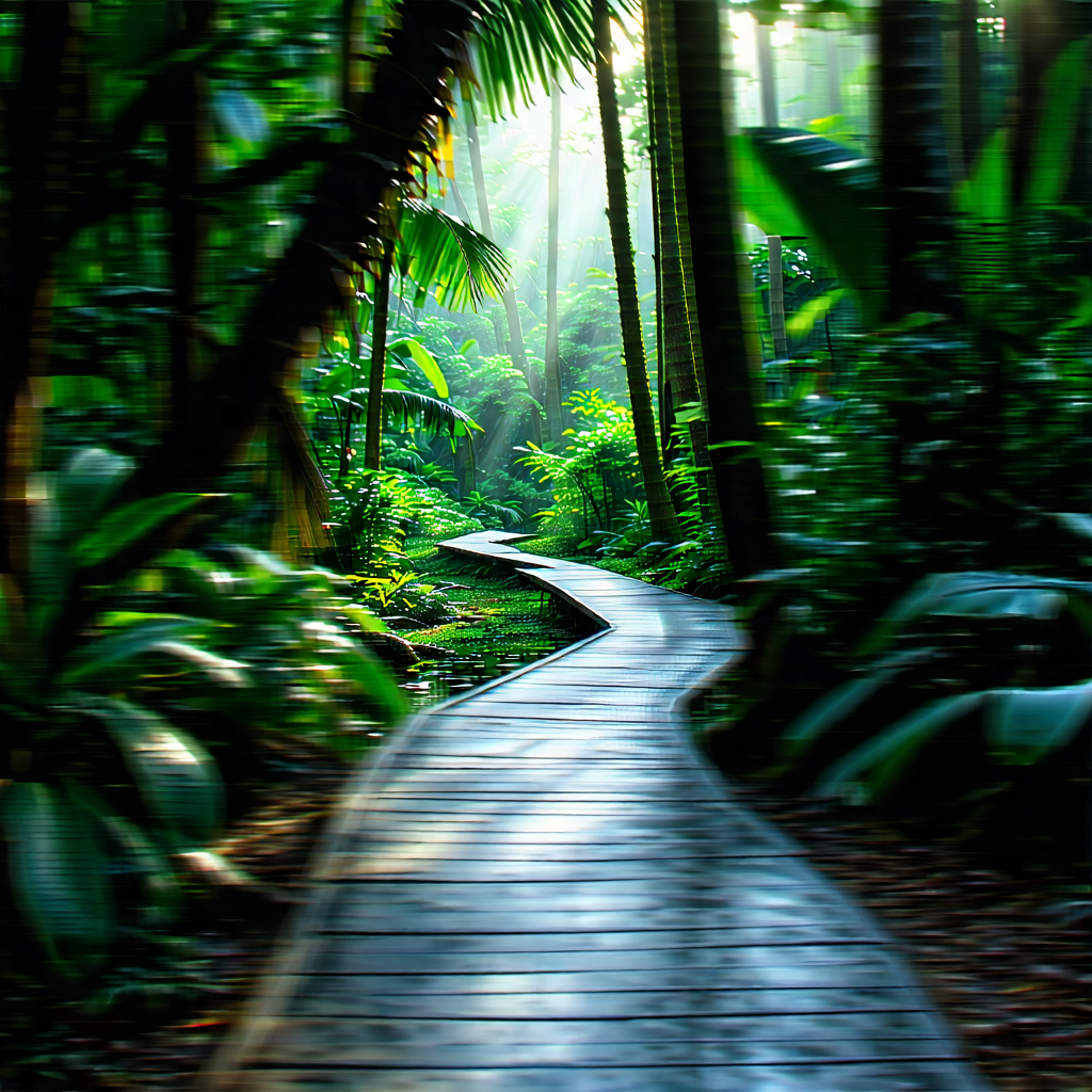 Nature Landscape Photography: Path Through Tropical Jungle With Wooden Pathway