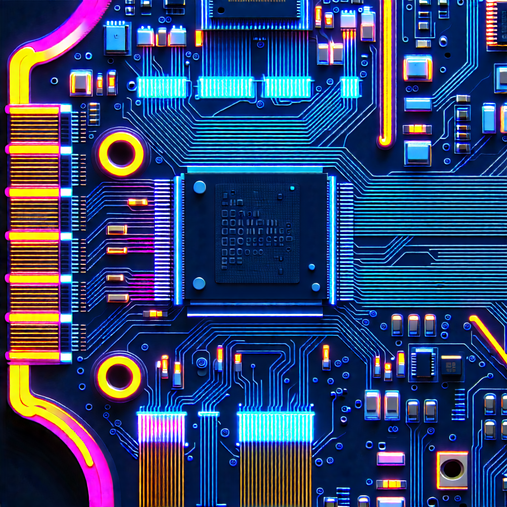 Tech Ink Drawing: Circuit board with neon accents