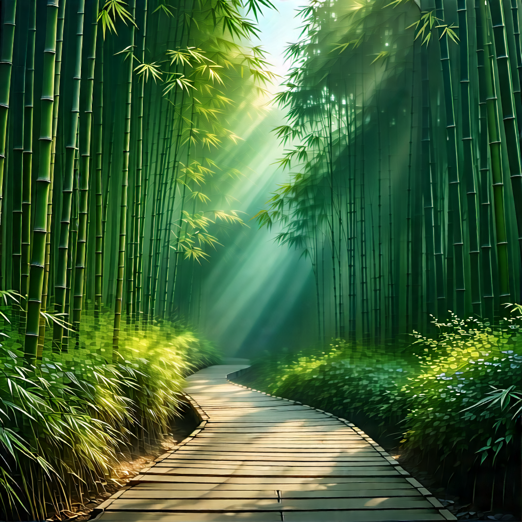 Nature Digital Illustration: Path Through Bamboo Grove With Pathway Surrounded