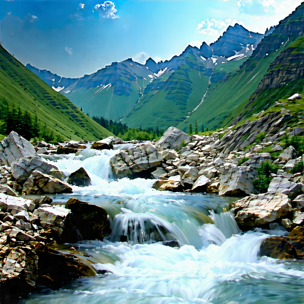 Nature Architectural Photography: Mountain Stream Surrounded By Rocky Shores With Beautiful Mountain