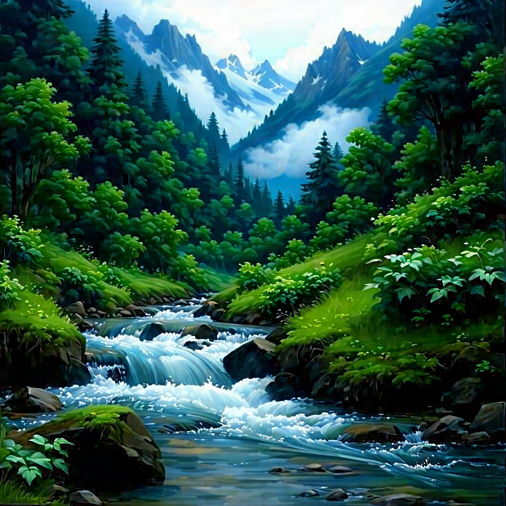 Nature Concept Art: Mountain Stream Surrounded By Lush Vegetation With Beautiful Scene