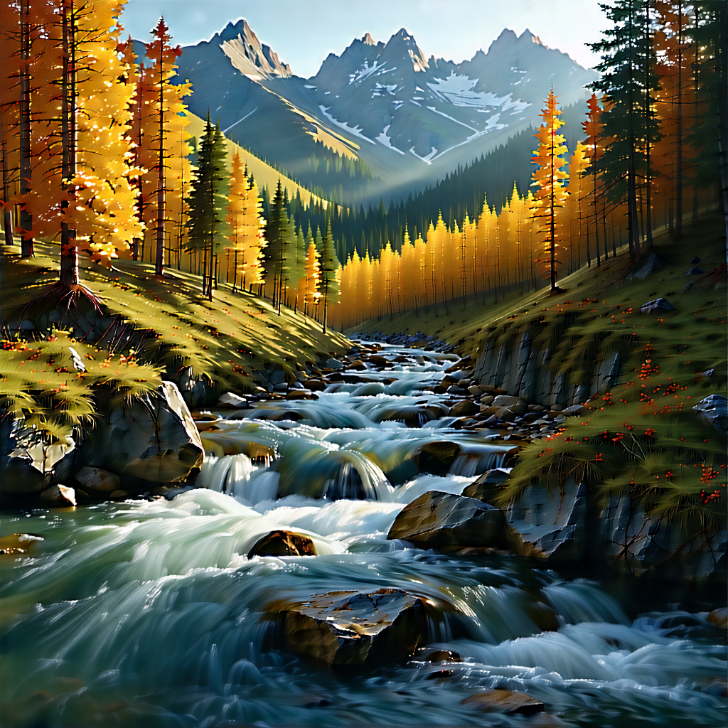 Nature Vector Art: Mountain Stream Surrounded By Autumn Trees With Beautiful Scene
