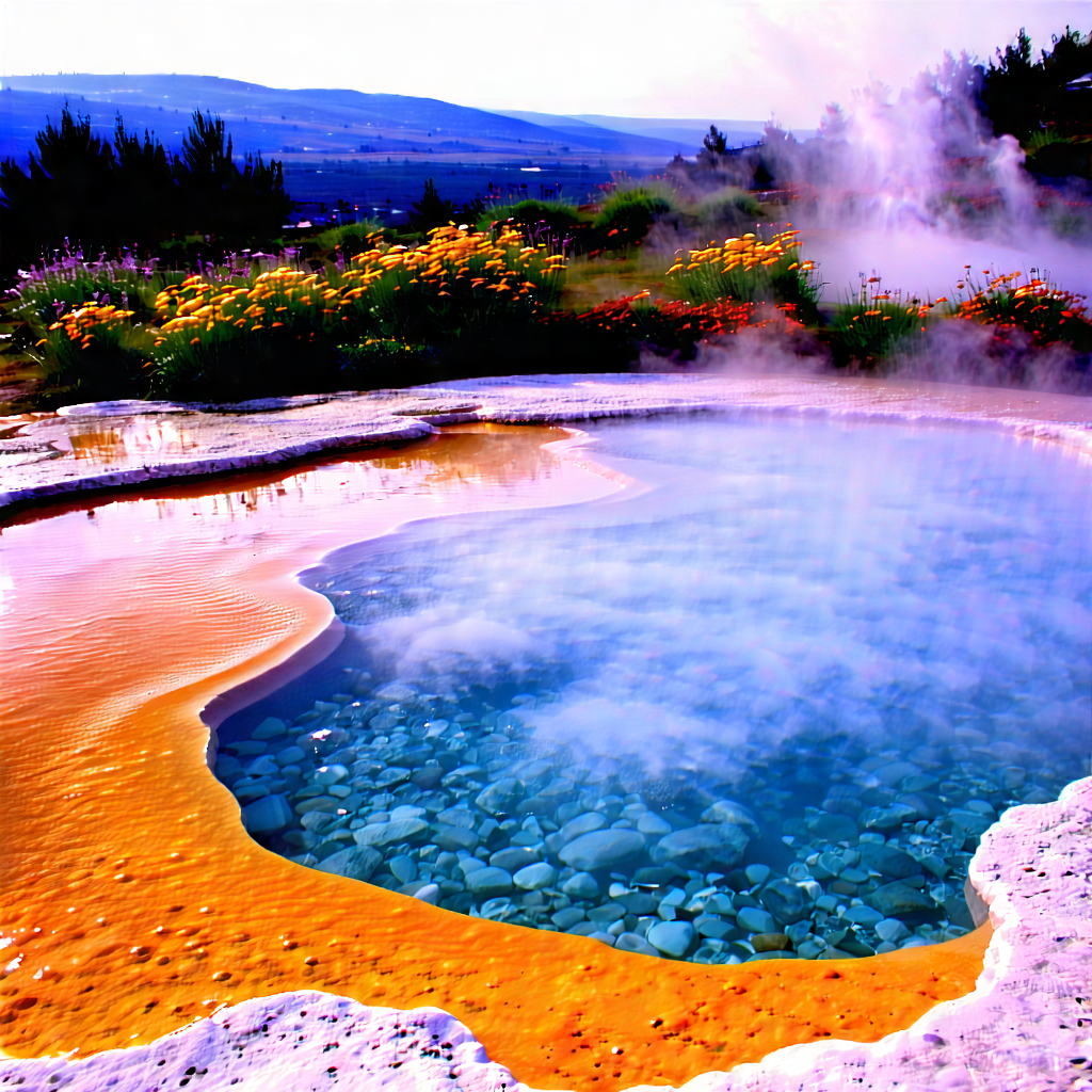 Nature Long Exposure Photography: Hot Spring Surrounded By Wildflowers With Large, Blue
