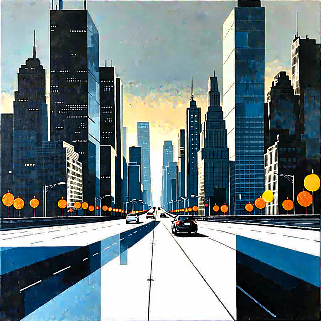 Urban Acrylic Painting: Cityscape Of Modern Metropolis During Rush Hour With Large City