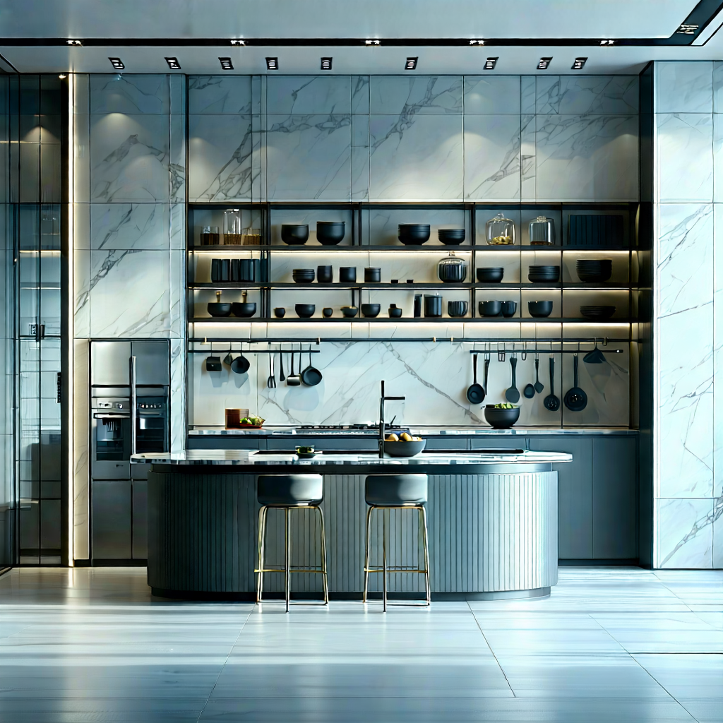 Lifestyle Diagram Style: Modern Kitchen With Minimalist Decor With Showcases Large,