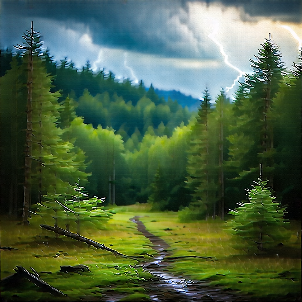 Nature Watercolor Painting: Storm Clouds Over Forest Clearing With Lush Green