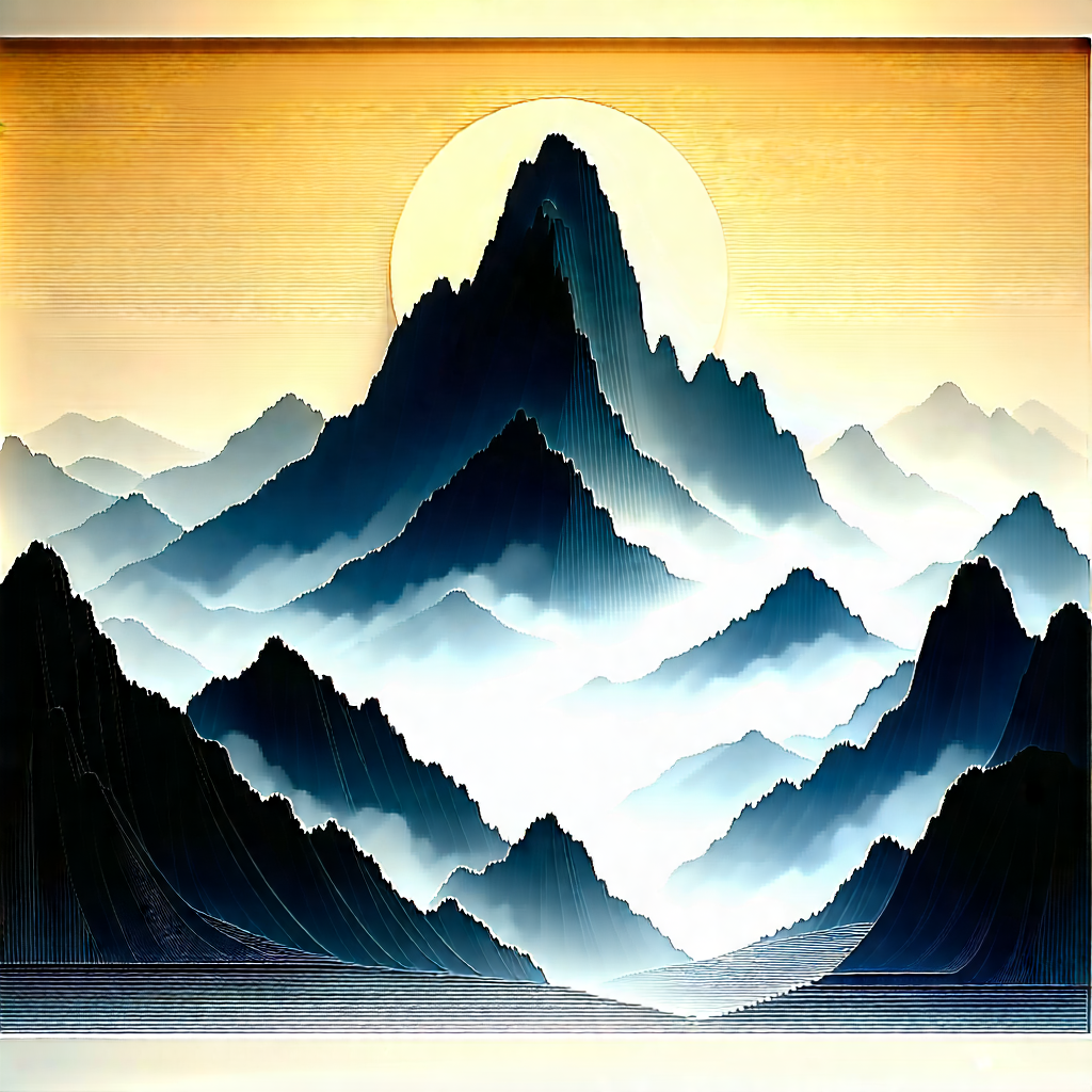 Nature Woodcut Print: Mist Over Mountain Peak With Beautiful Mountain