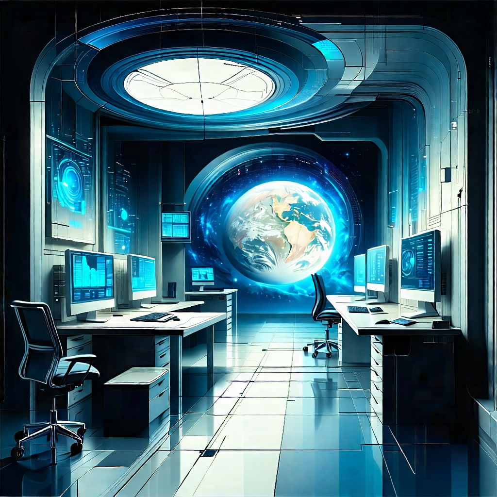Tech Woodcut Print: Futuristic Digital Workspace With Futuristic Setting,