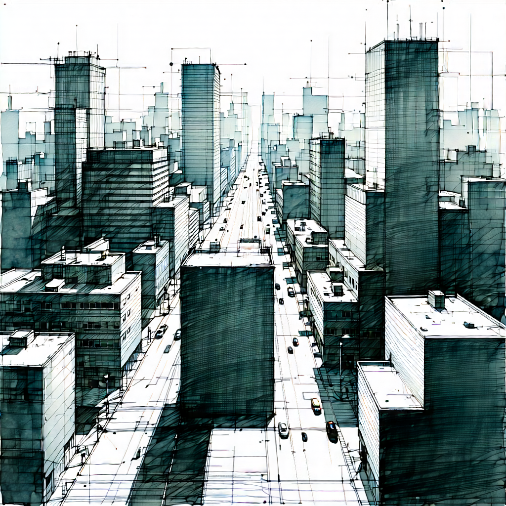Urban Ink Drawing: Aerial view of city blocks