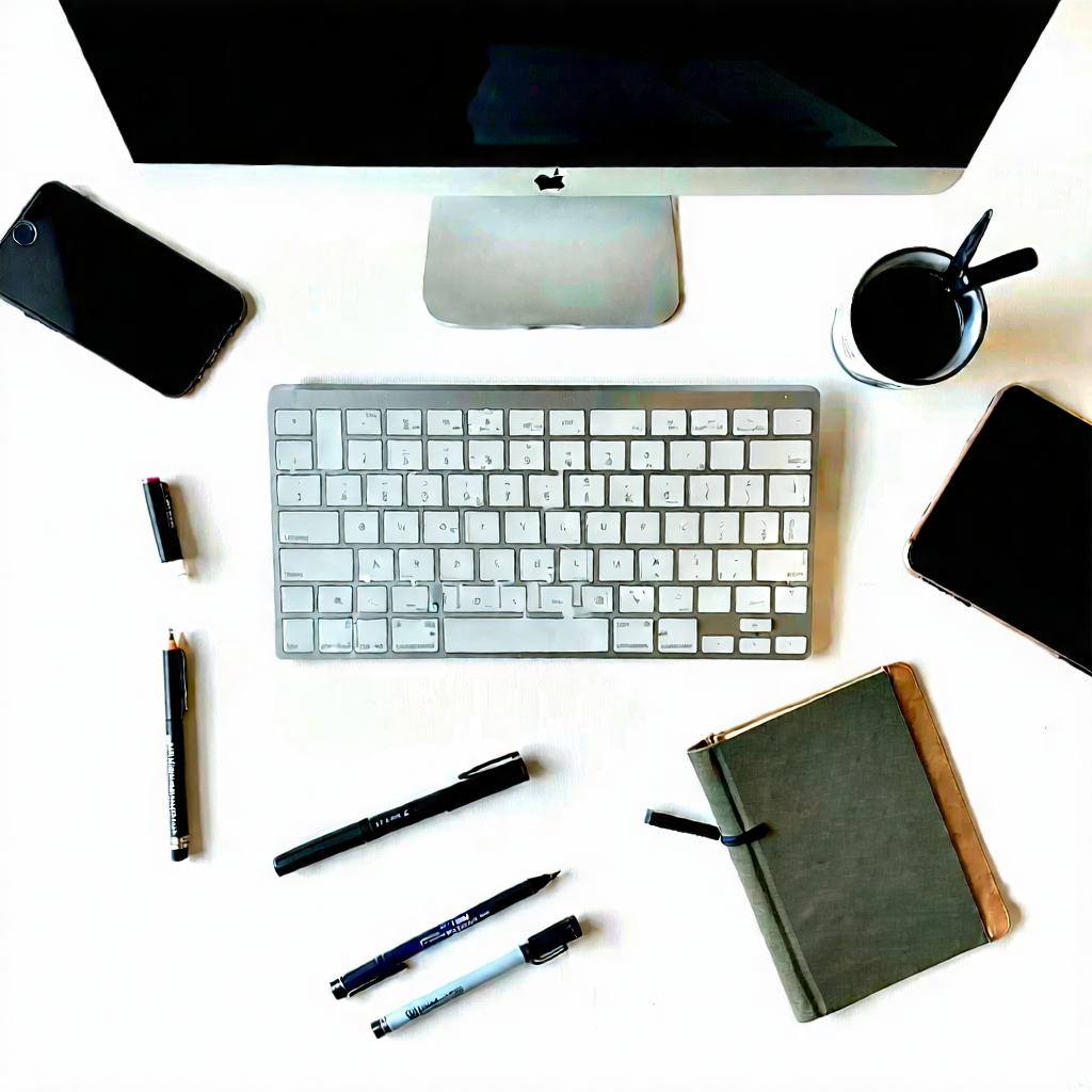 Business Aerial Photography: Workplace With Productivity Tools On Desk With Desk Computer