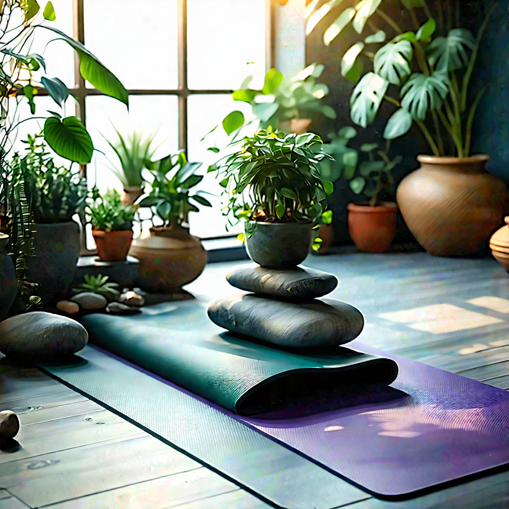 Lifestyle Digital Illustration: Wellness Scene With Yoga Mat And Plants With Image, There