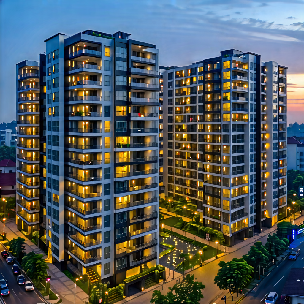 Urban Aerial Photography: Modern Apartment Complex With Dramatic (lighting:1.16) With Cityscape Shown