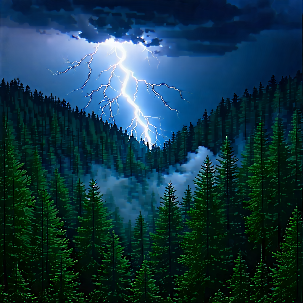 Nature Digital Art: Lightning Over Forest Clearing With Lightning Bolt