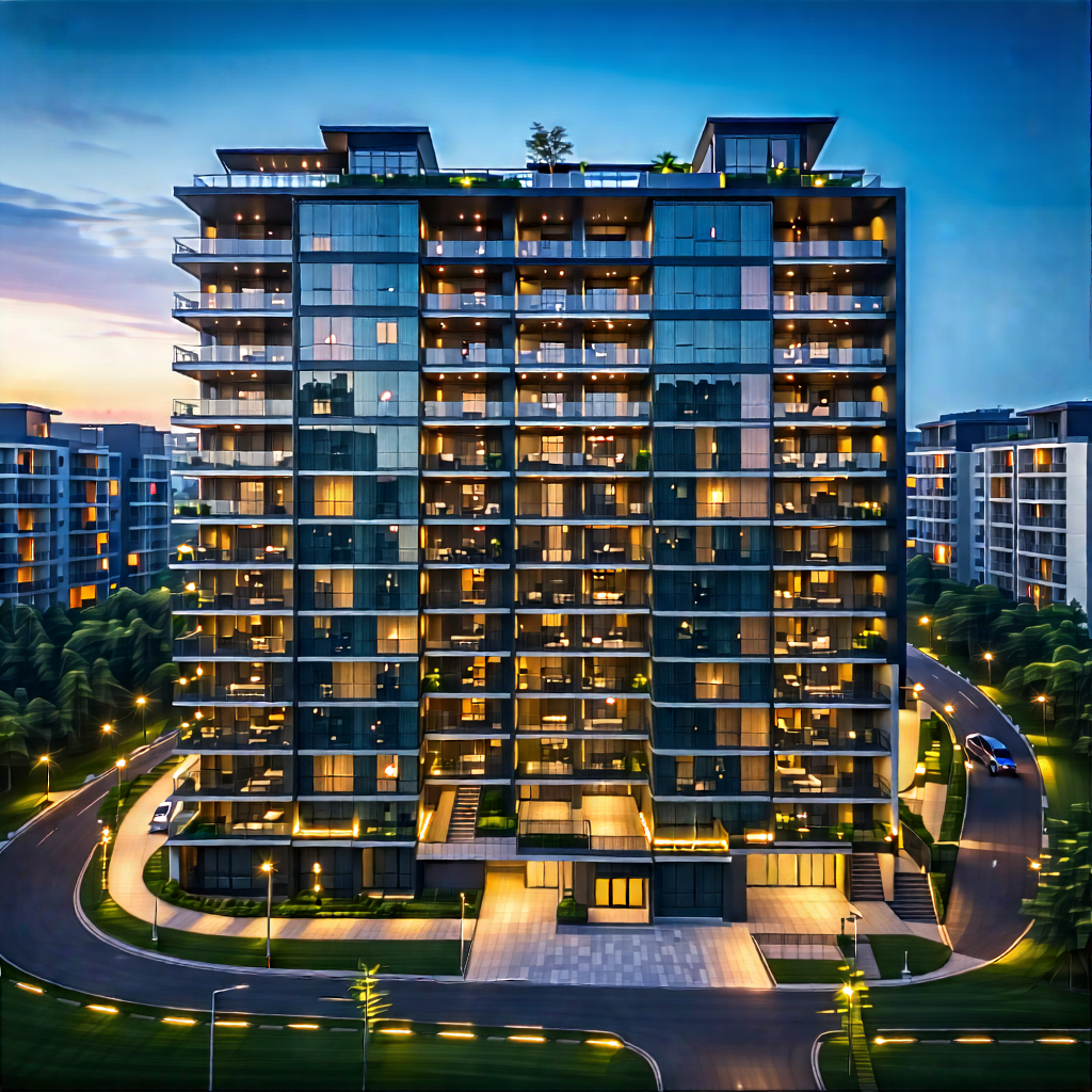 Urban Drone Photography: (modern:1.21) Apartment Complex With Dramatic Lighting With Large, Modern