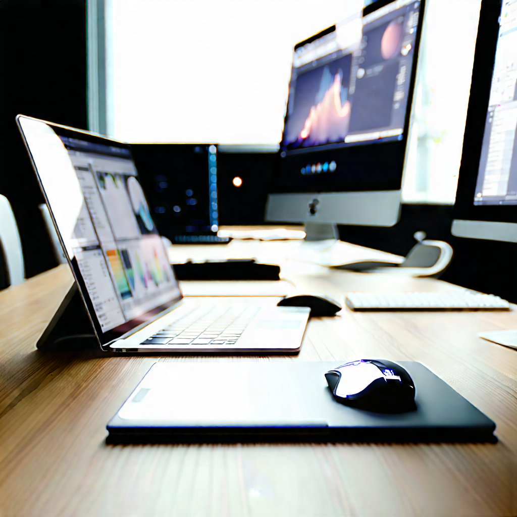 Business Long Exposure Photography: Workplace With (digital:1.15) Devices On Desk With Wooden Desk