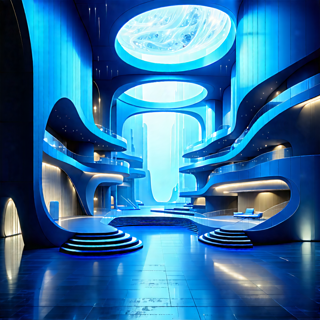 Tech Advertising Photography: (futuristic:1.37) Innovation Hub With Futuristic, Blue-lit