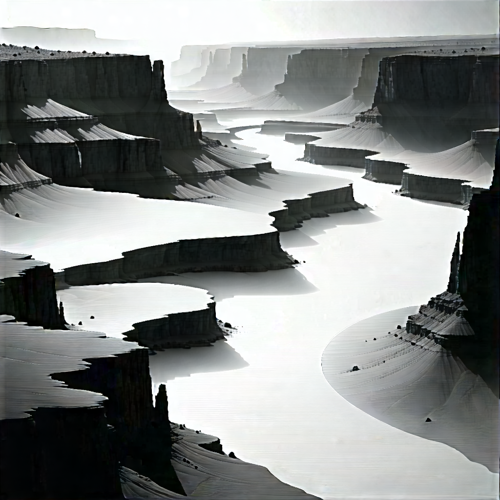 Nature Charcoal Drawing: Aerial View Of Canyon System With Black White