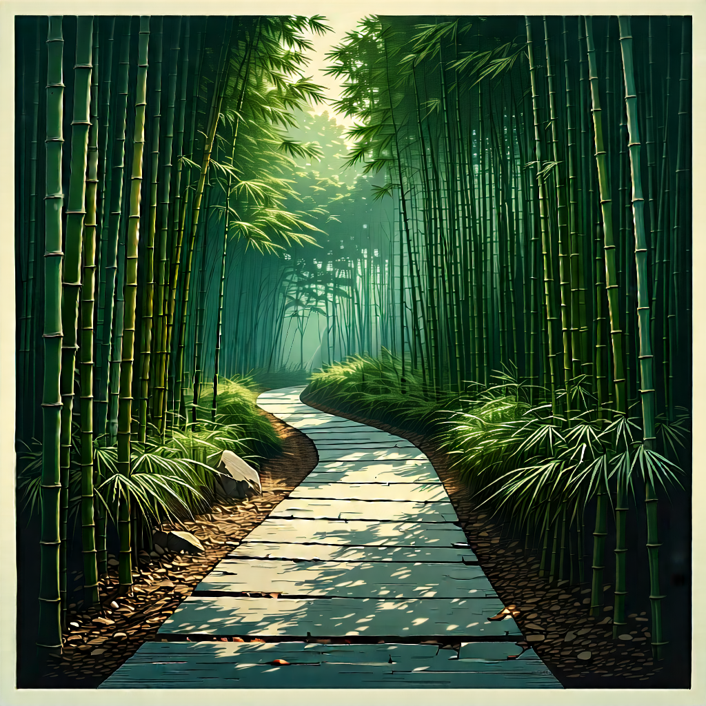 Nature Etching: Path Through Bamboo Grove With Serene Forest