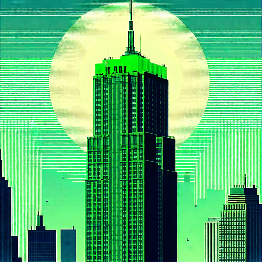 Urban Woodcut Print: Skyscraper with green rooftop
