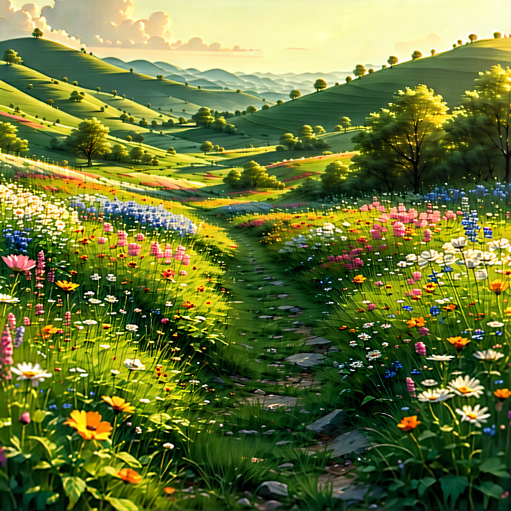 Nature Graphic Design: Path Through Flowering Meadow With Beautiful, Lush