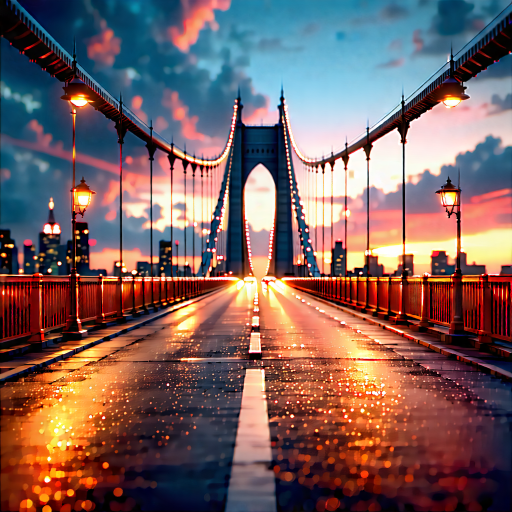 Urban Digital Illustration: Iconic Bridge With Sunset (glow:1.23) With Bridge Train