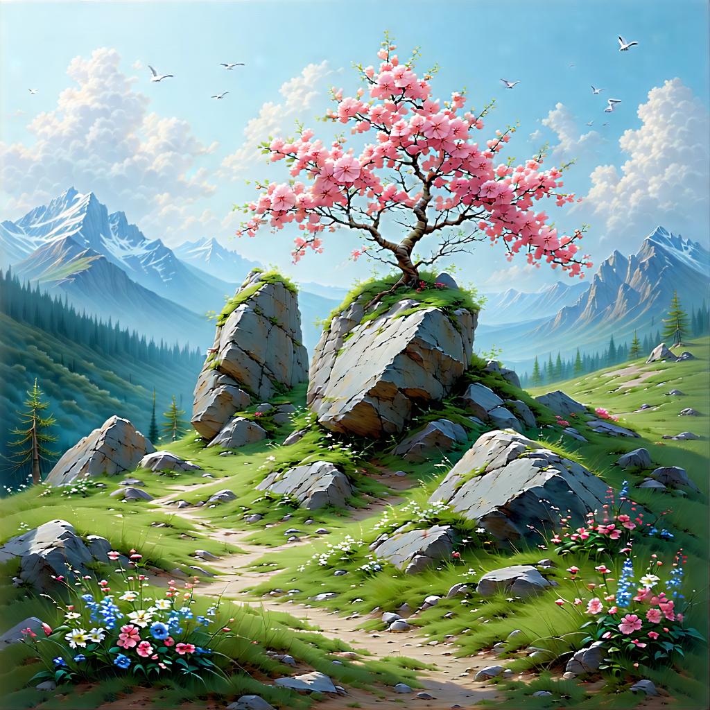 Nature Pastel Drawing: Rock Formation In Spring Bloom With Image, There