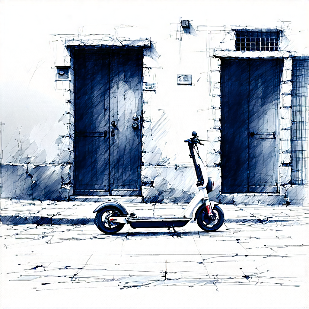 Urban Charcoal Drawing: (city:1.48) Electric Scooter In Quiet Side Street With Black White