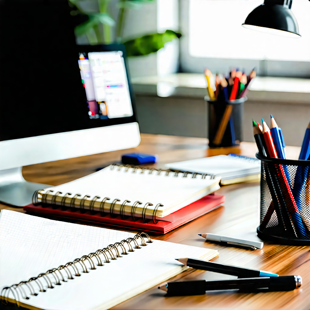Business Blender Artwork: Workplace with notebooks and pens on desk