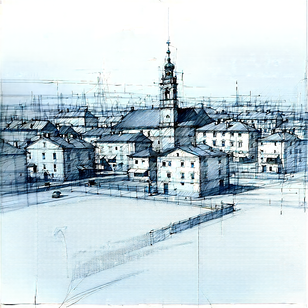 Urban Pencil Sketch: Cityscape of small town during midday