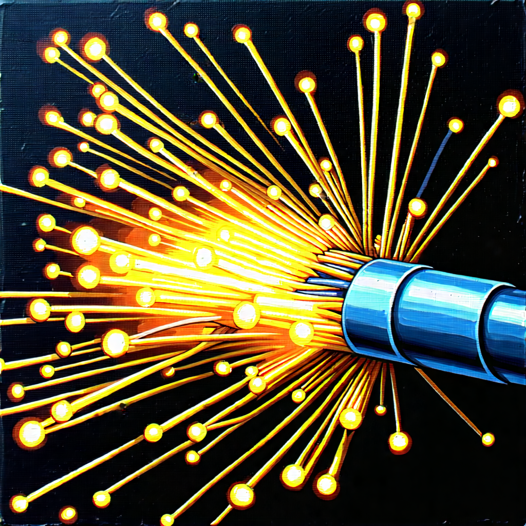 Tech Gouache Painting: Close-up Of Fiber Optic Cables With Close-up Wire,