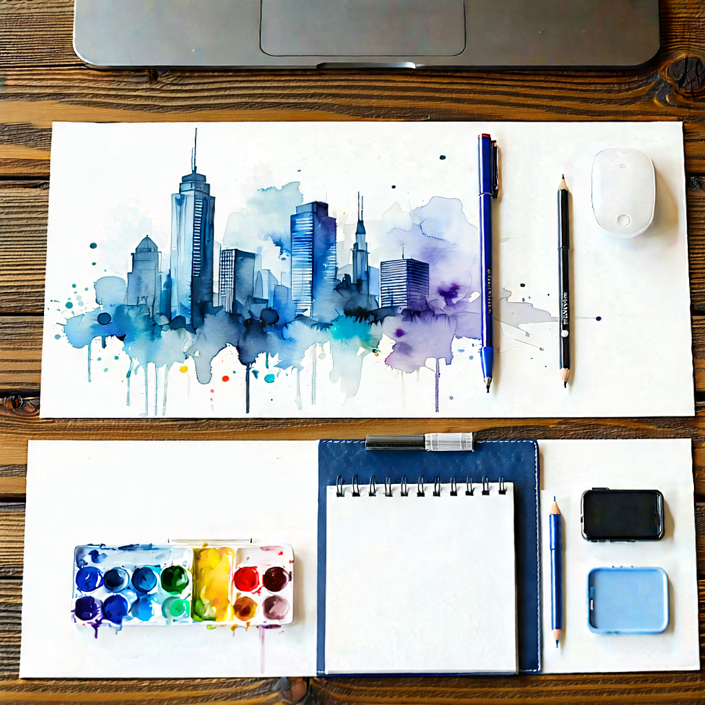 Business Watercolor Painting: Workplace With Digital Devices On Desk With Laptop Computer