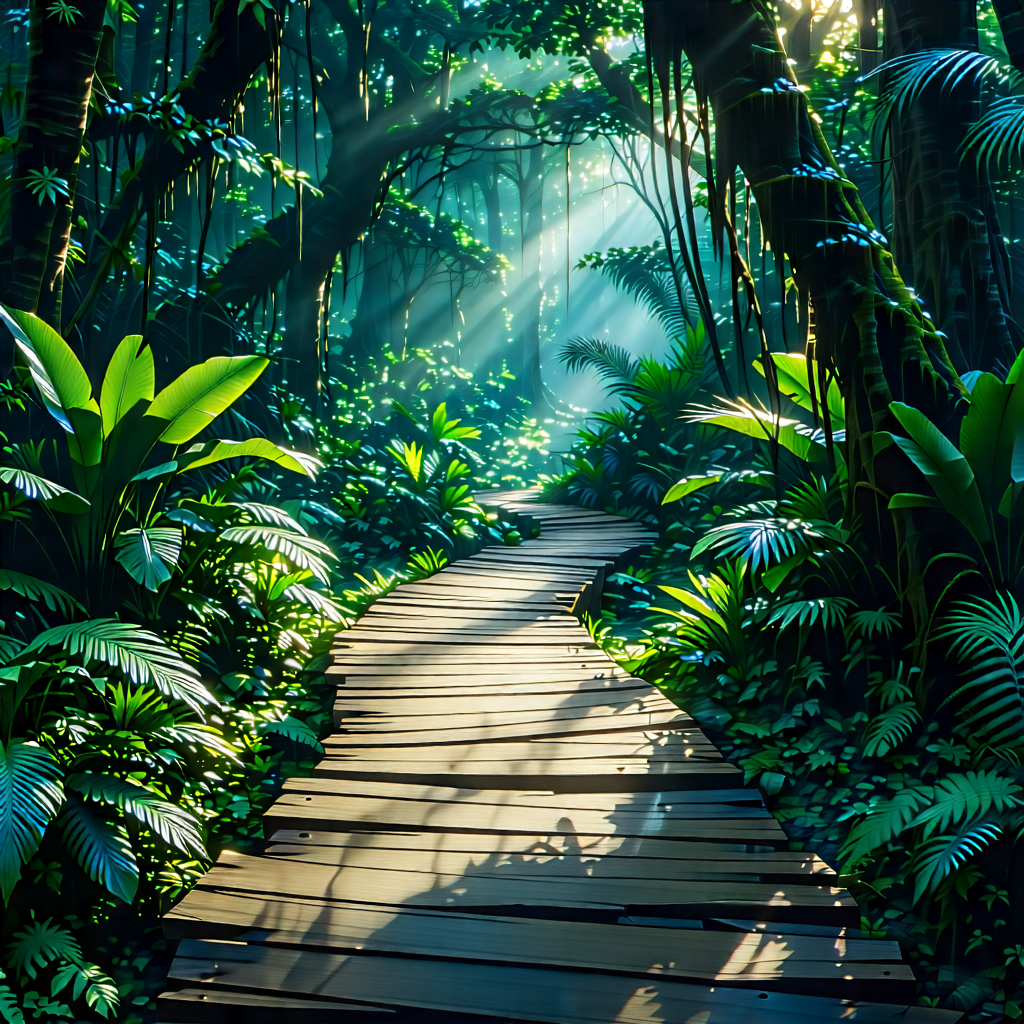 Nature Graphic Design: Path Through Tropical Jungle With Wooden Pathway