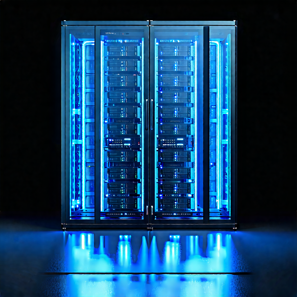 Tech 3d Render: Server Rack With Blue Light Glow With Large Blue