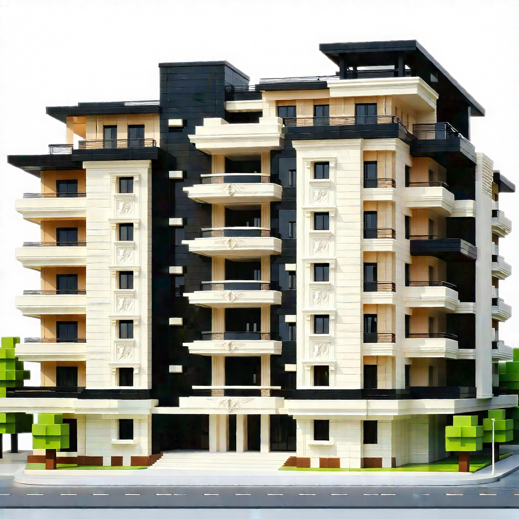 Urban Low Poly: (modern:1.28) Apartment Complex With Ornate Details With Large, Multi-story