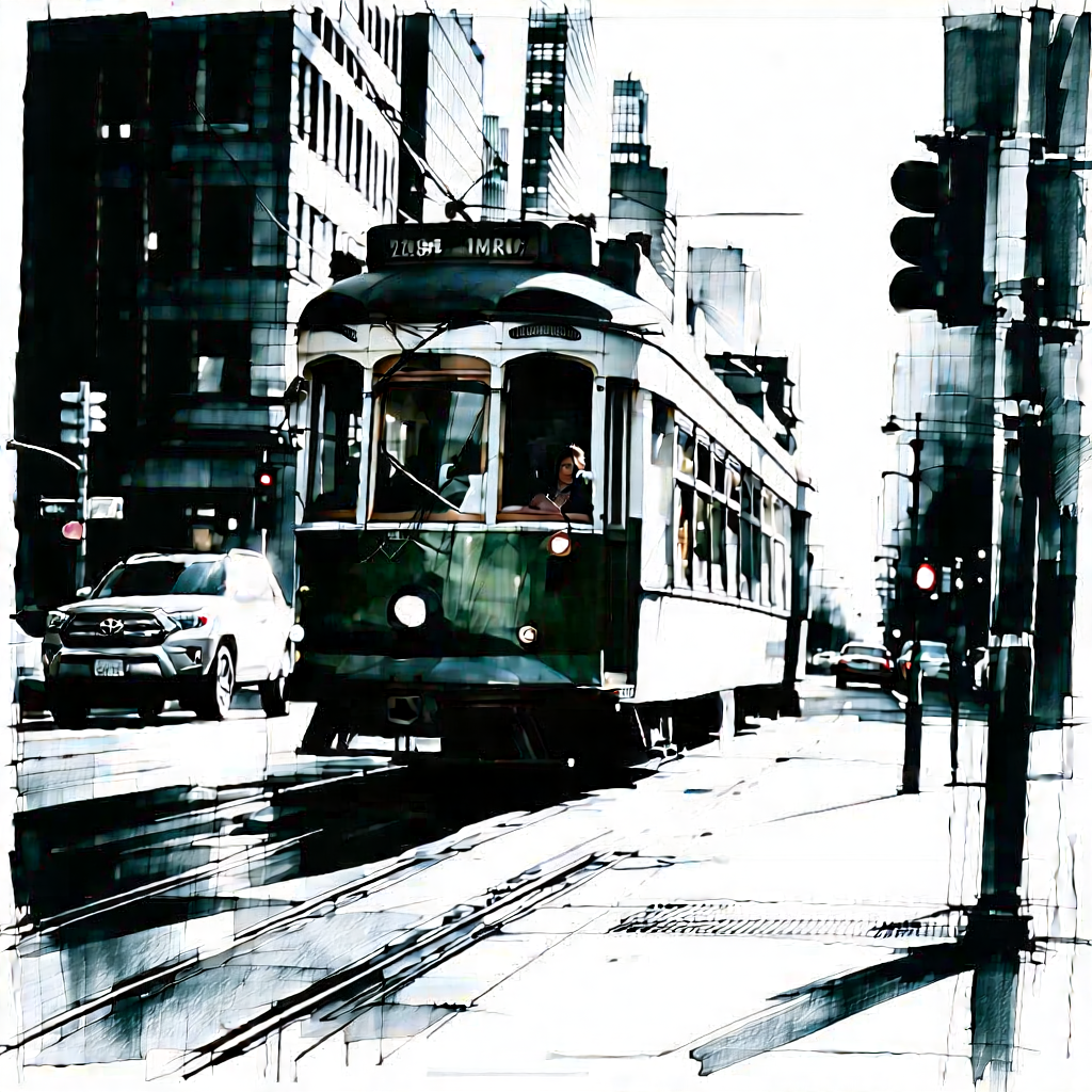 Urban Charcoal Drawing: (city:1.15) tram in main avenue