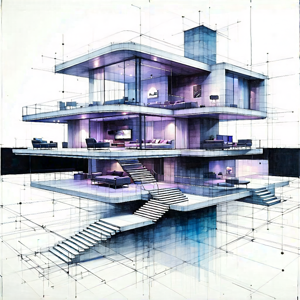 Tech Ink Drawing: (futuristic:1.16) Smart Home With Drawing Large,