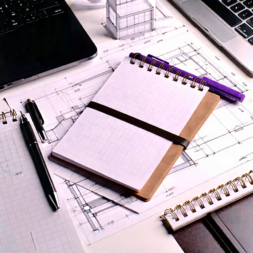 Business Blueprint Style: Workplace with notebooks and pens on desk