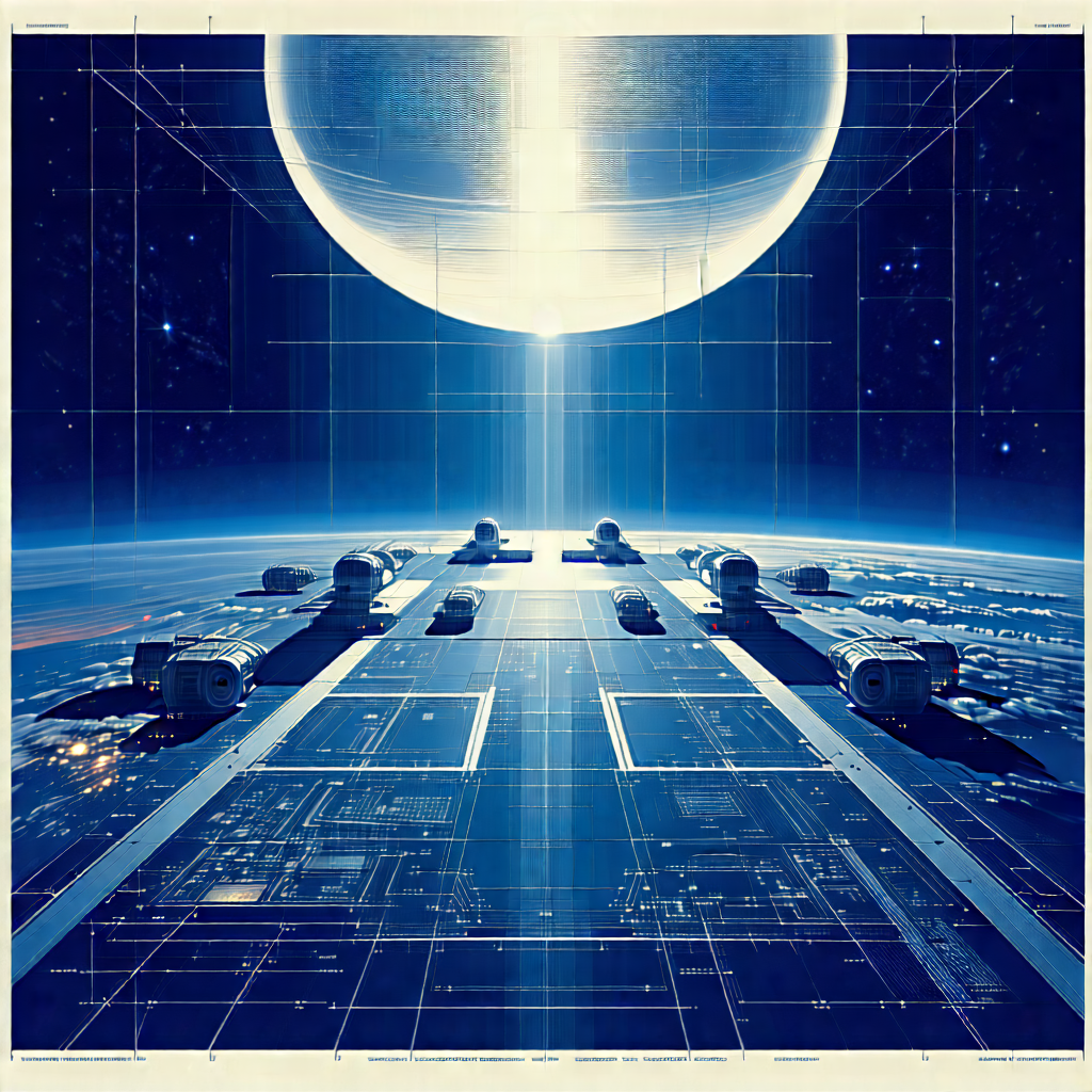 Tech Woodcut Print: Aerospace technology in tech office