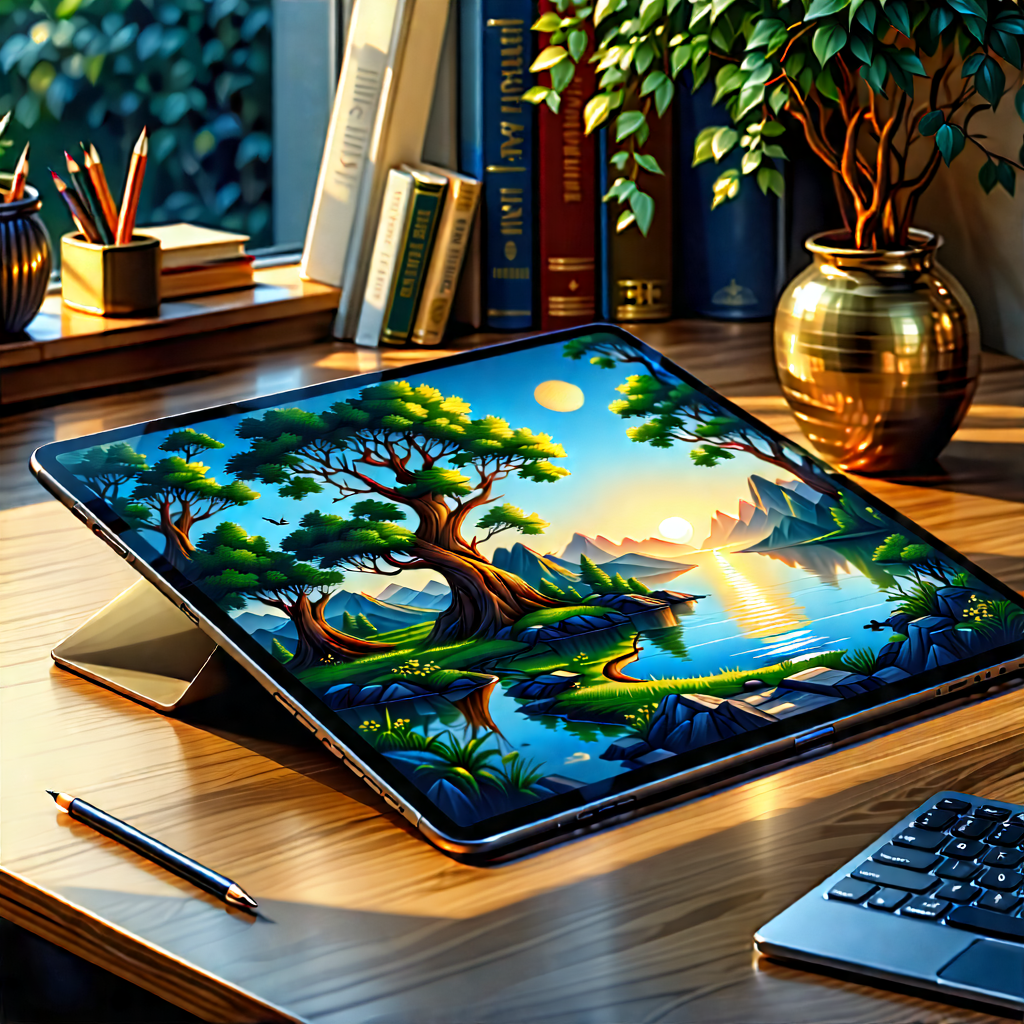 Tech Lithograph: Tablet With Digital Artwork With Laptop Computer