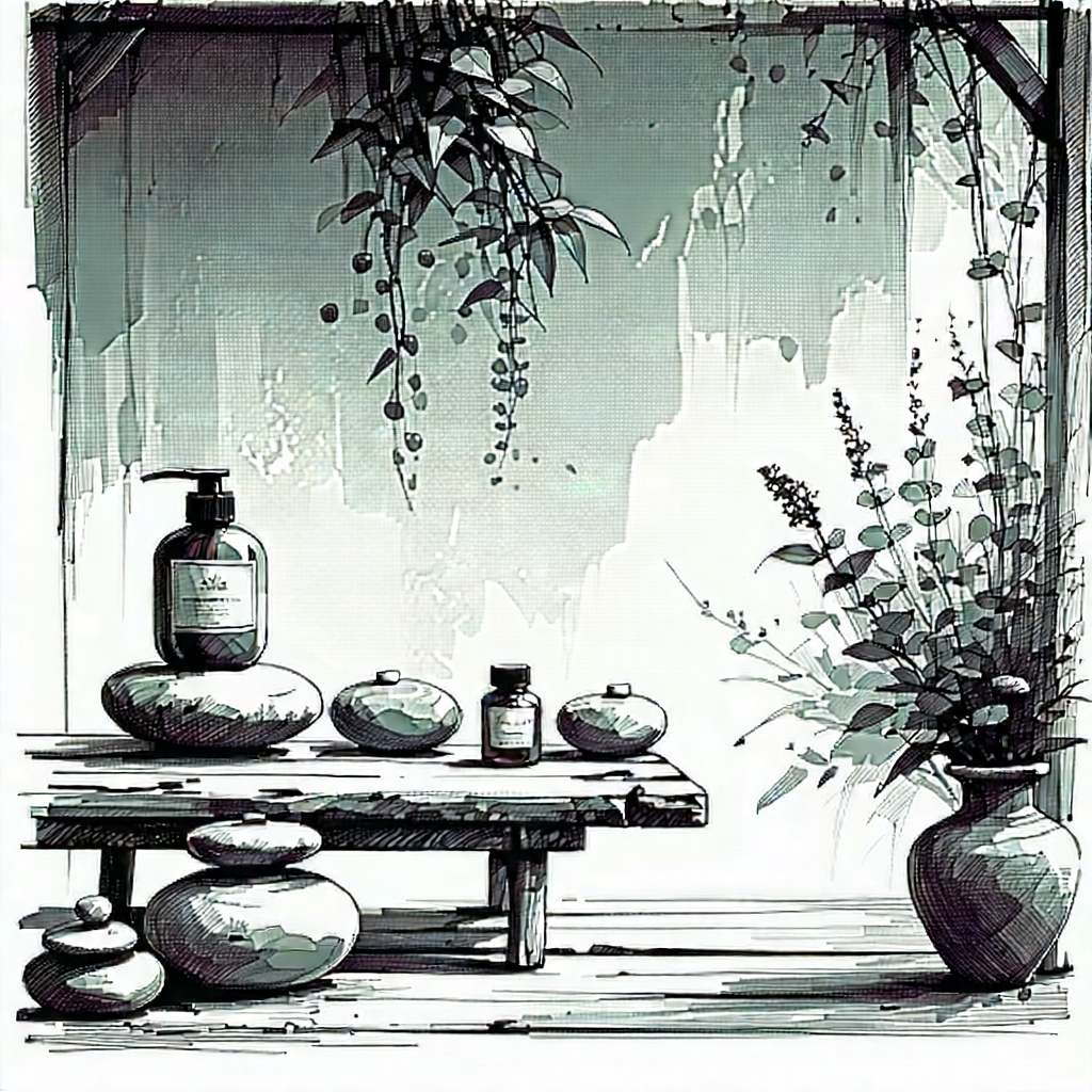 Lifestyle Ink Drawing: Wellness Scene With Aromatherapy With Image, There