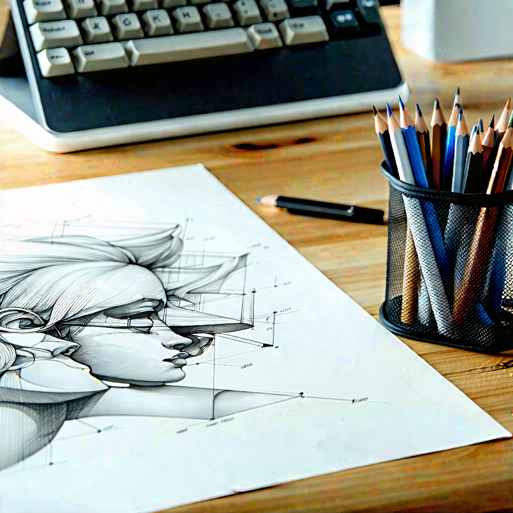 Business Lithograph: Workplace with productivity tools on desk