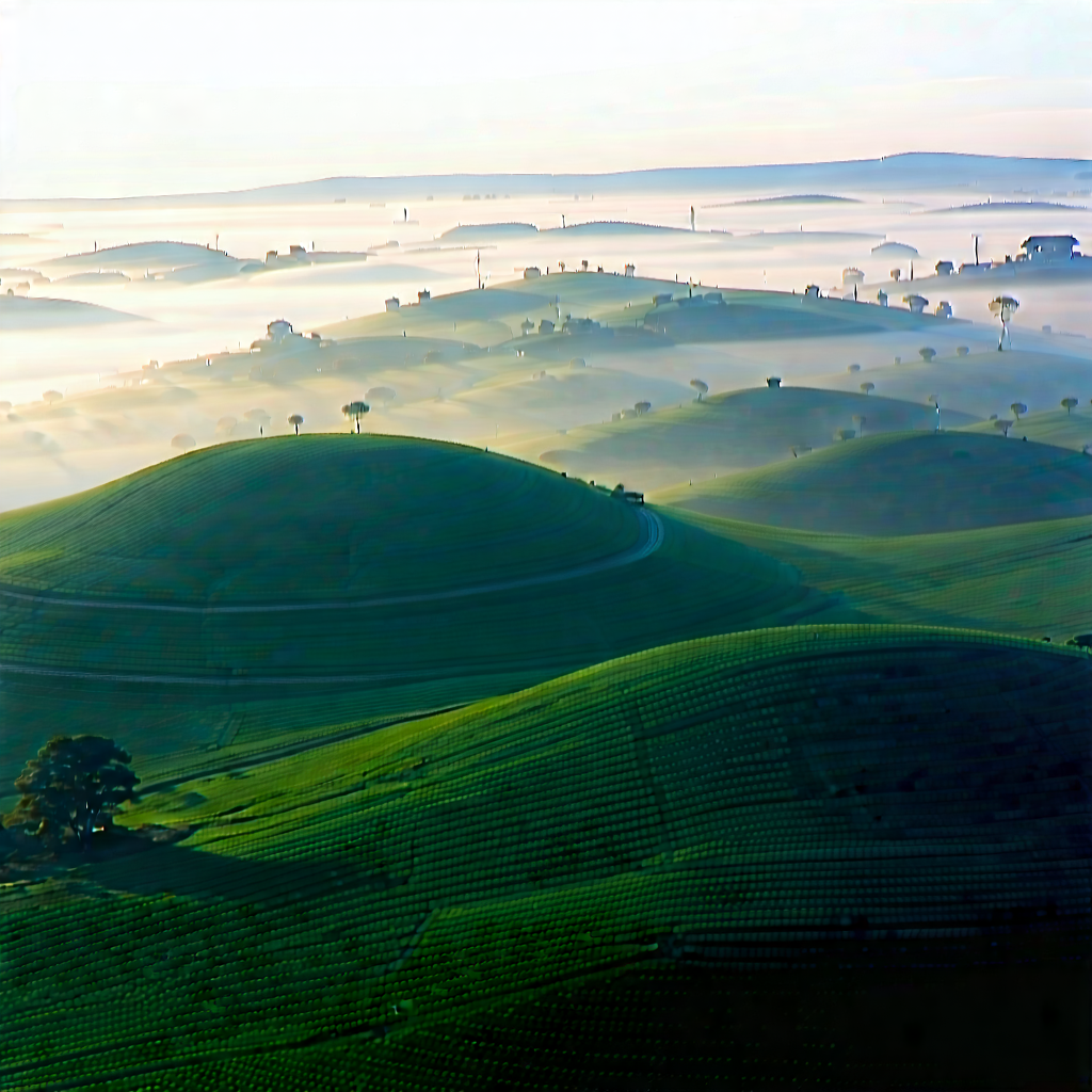 Nature Geometric Design: Rolling Hills During Foggy Morning With Lush Green