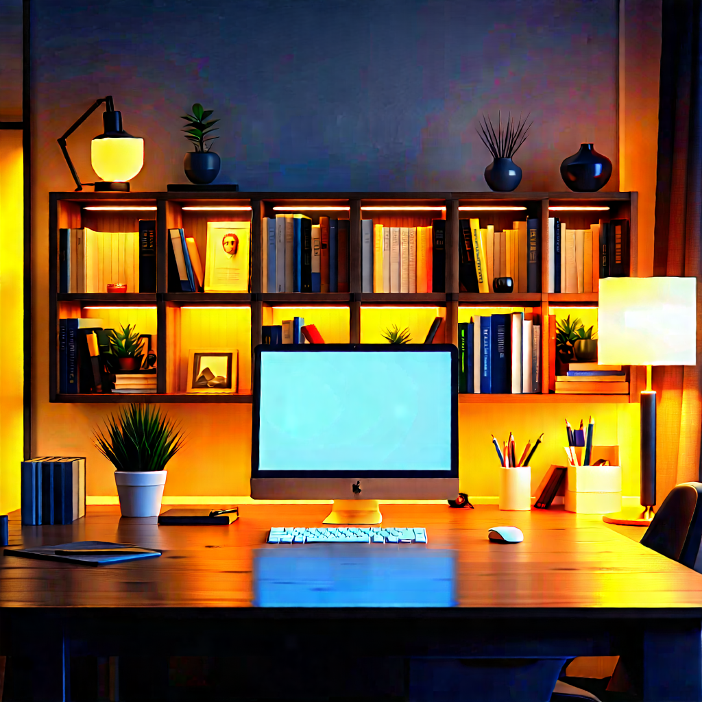 Lifestyle Commercial Photography: Home Office With Warm Lighting With Computer Desk