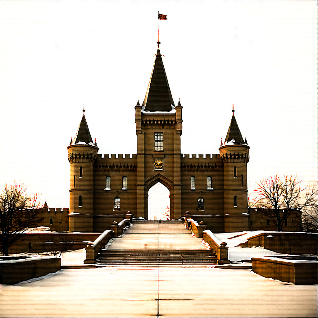 Urban Pencil Sketch: Historic Monument With Snow Covering With Large, Castle