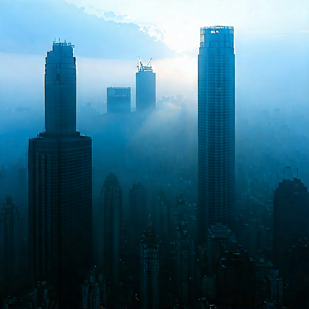 Urban Acrylic Painting: Cityscape Of (modern:1.17) Metropolis During Foggy Morning With City Skyline