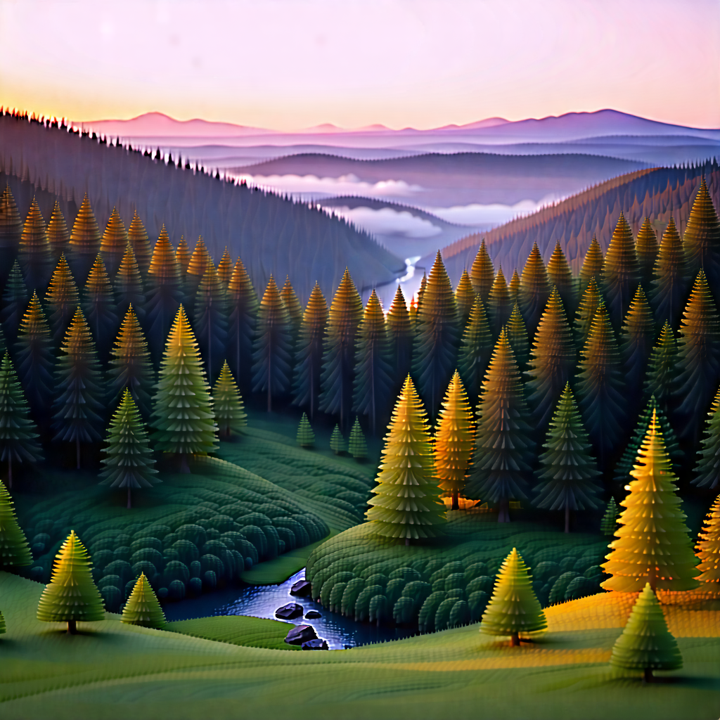 Nature Isometric Design: (forest:1.14) Scene During Sunrise With Beautiful Painting
