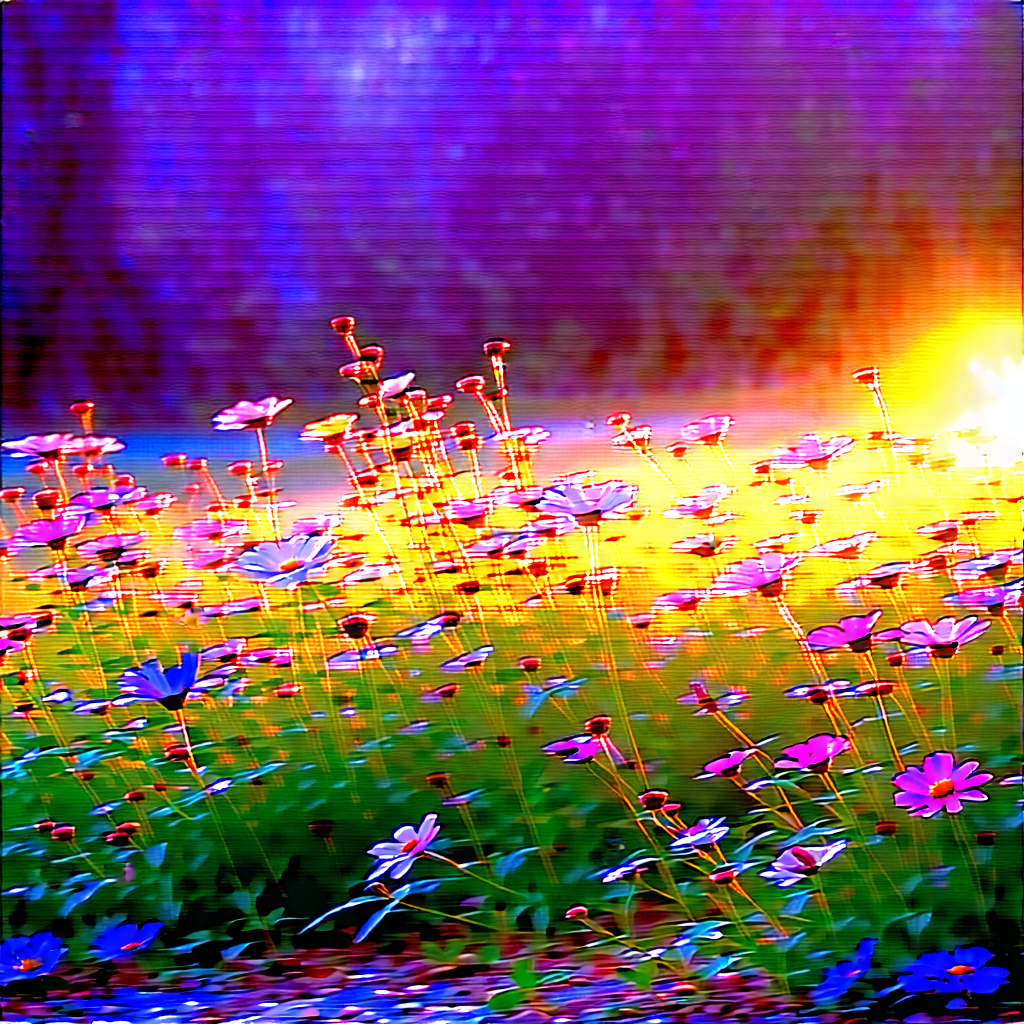 Nature Etching: Wildflowers In Sunlit Clearing With Field Flowers