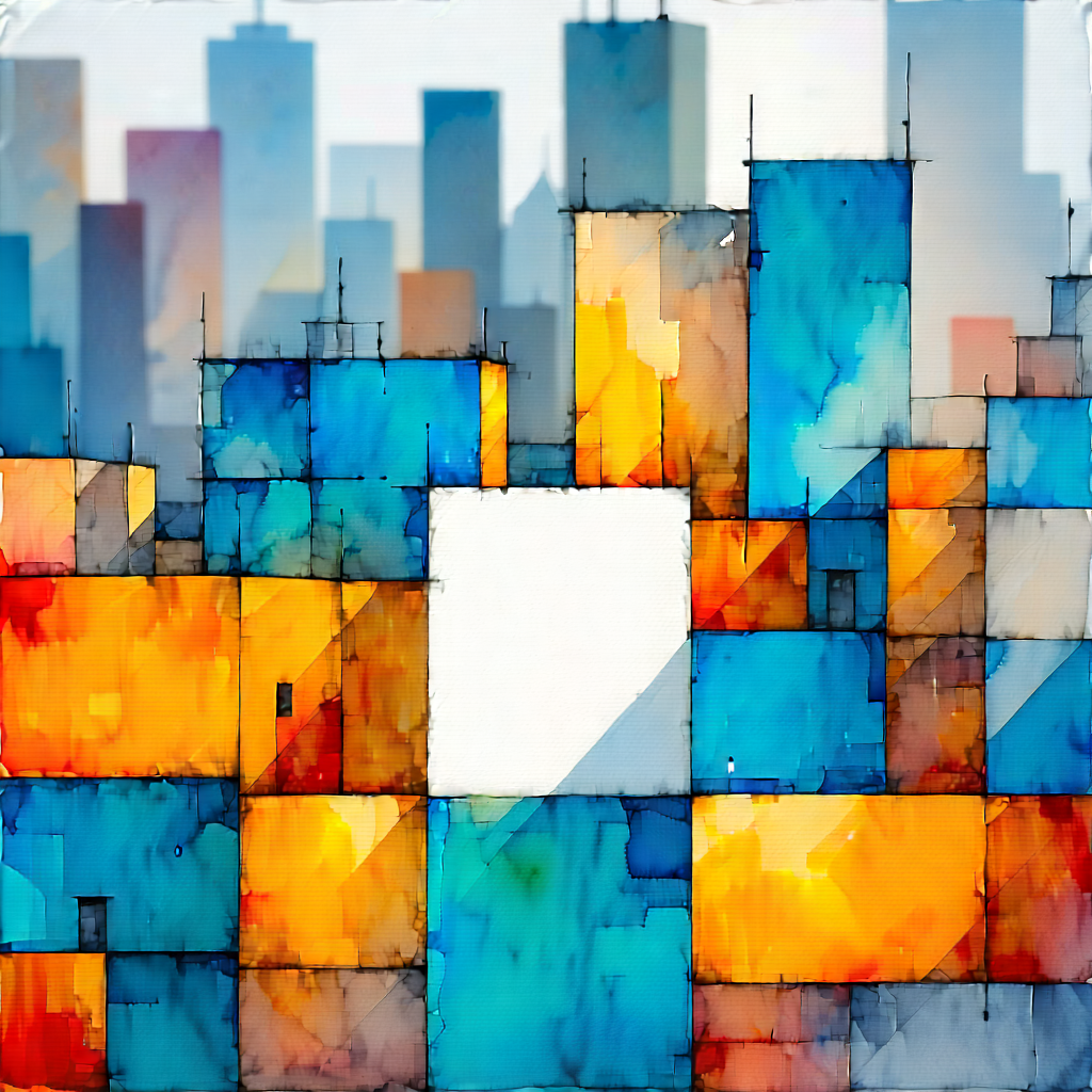 Urban Watercolor Painting: Aerial view of city blocks