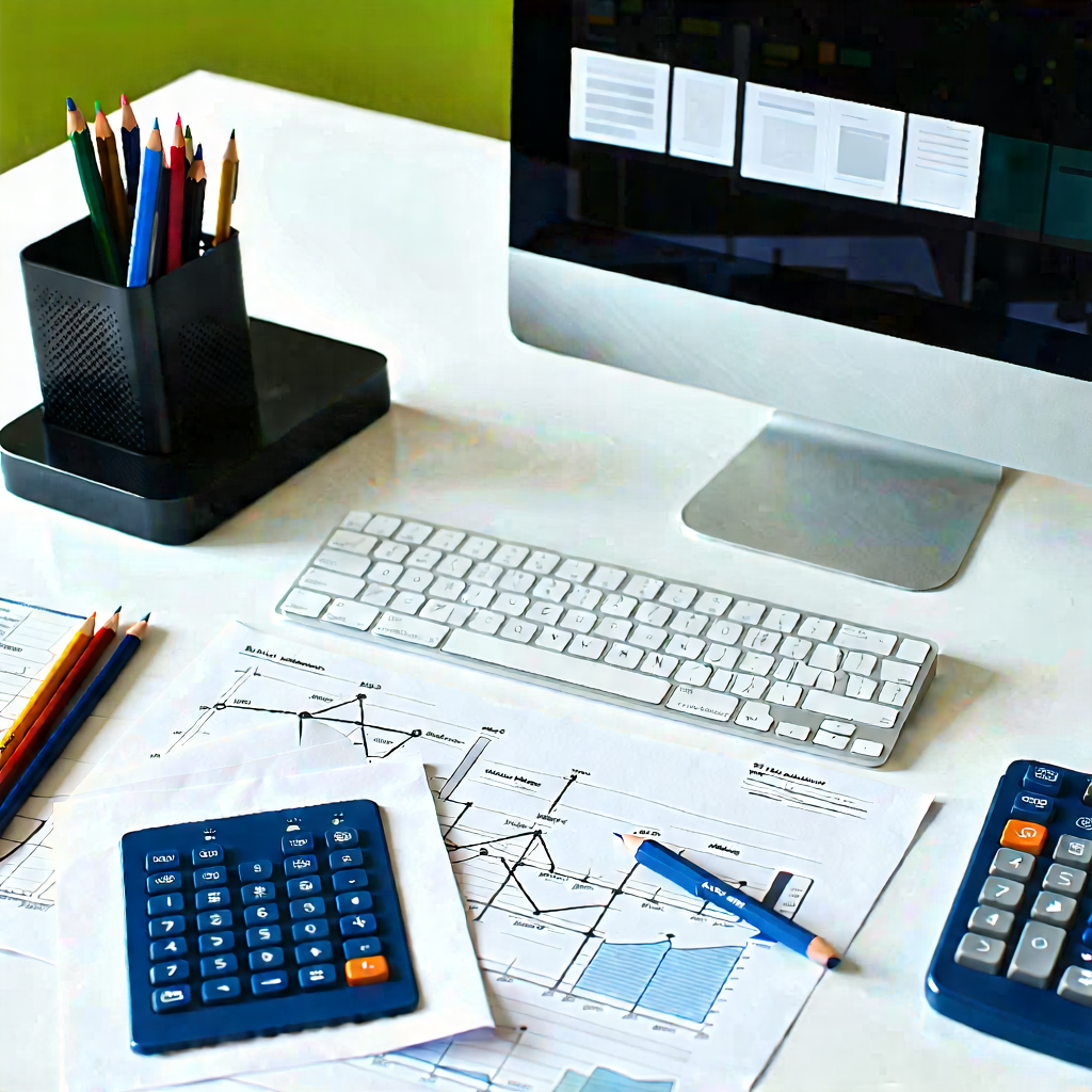 Business Diagram Style: Workplace with productivity tools on desk