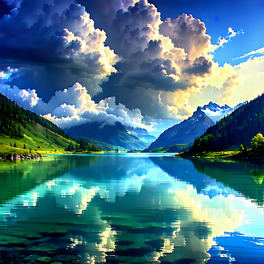 Nature Diagram Style: Dramatic Clouds Over Alpine Lake With Serene Lake